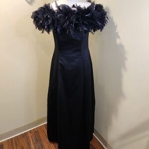 Morgan & Co. Off-Shoulder Feather Trim Black Maxi Dress